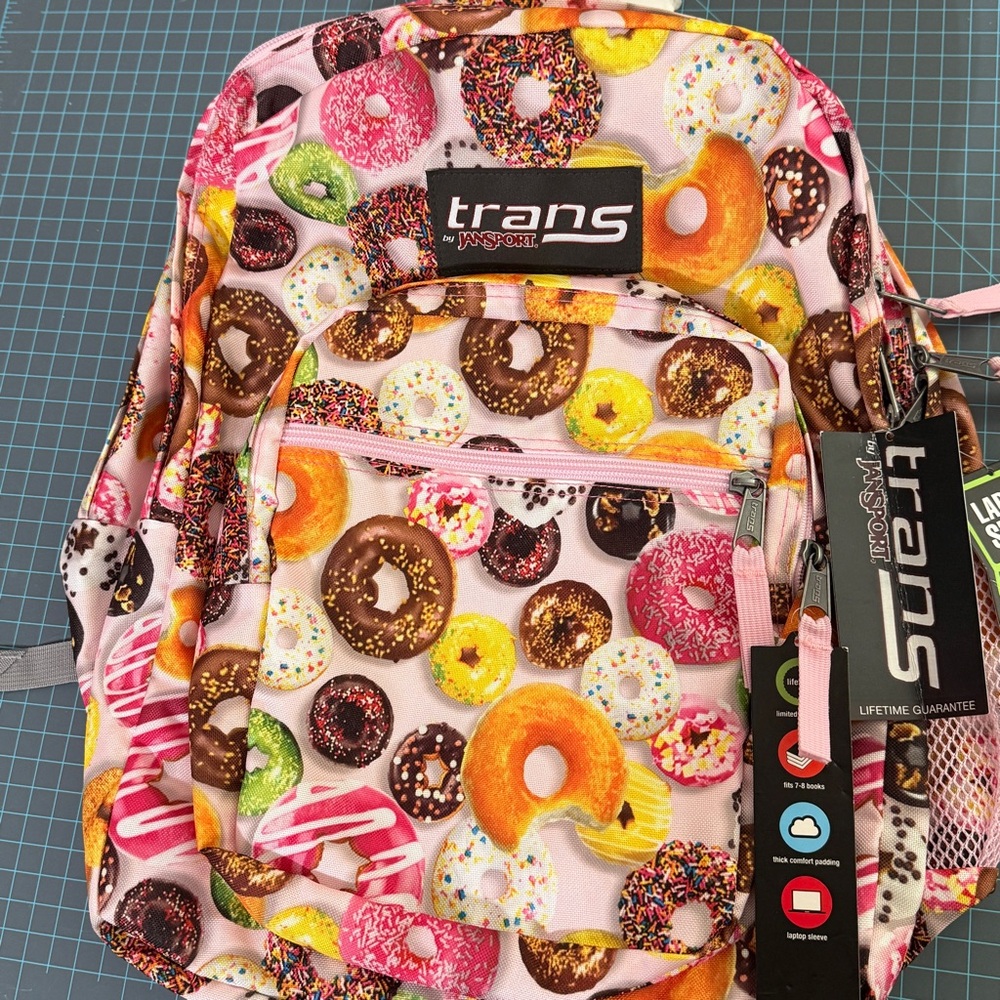 Trans by Jansport Pink Donut Print Backpack 15” laptop bag new with tags